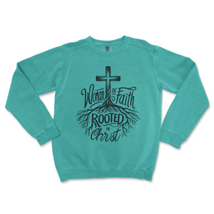 Woman of Faith Rooted in Christ Comfort Colors Premium Christian Crewneck - front view