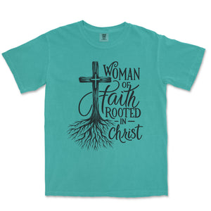Rooted in Christ Faith Tee for Women Comfort Colors Heavyweight Tee - front view