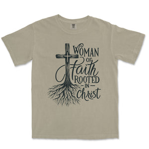 Rooted in Christ Faith Tee for Women Comfort Colors Heavyweight Tee - front view