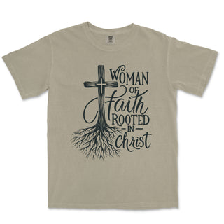 Rooted in Christ Faith Tee for Women Comfort Colors Heavyweight Tee - front view