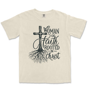 Rooted in Christ Faith Tee for Women Comfort Colors Heavyweight Tee - front view