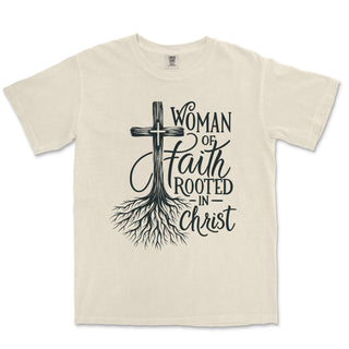 Rooted in Christ Faith Tee for Women Comfort Colors Heavyweight Tee - front view