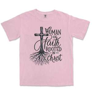 Rooted in Christ Faith Tee for Women Comfort Colors Heavyweight Tee - front view