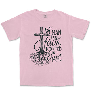 Rooted in Christ Faith Tee for Women Comfort Colors Heavyweight Tee - front view