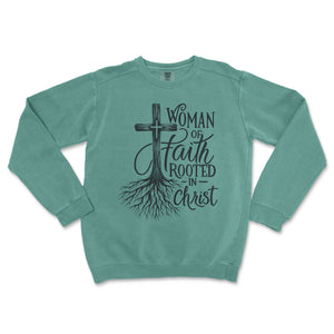 Rooted in Christ Woman of Faith Crewneck Premium Christian Crewneck - front view