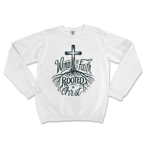 Woman of Faith Rooted in Christ Comfort Colors Premium Christian Crewneck - front view