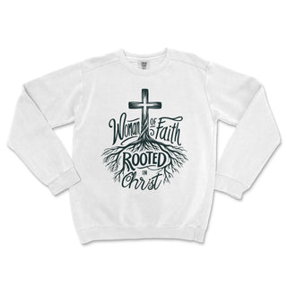 Woman of Faith Rooted in Christ Comfort Colors Premium Christian Crewneck - front view