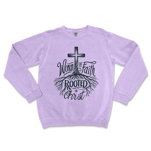 Woman of Faith Rooted in Christ Comfort Colors Premium Christian Crewneck - front view