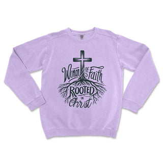 Woman of Faith Rooted in Christ Comfort Colors Premium Christian Crewneck - front view
