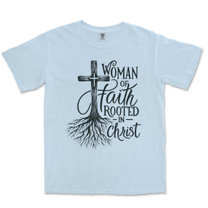 Rooted in Christ Faith Tee for Women Comfort Colors Heavyweight Tee - front view