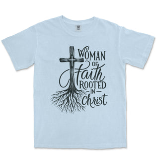 Rooted in Christ Faith Tee for Women Comfort Colors Heavyweight Tee - front view