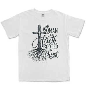 Rooted in Christ Faith Tee for Women Comfort Colors Heavyweight Tee - front view