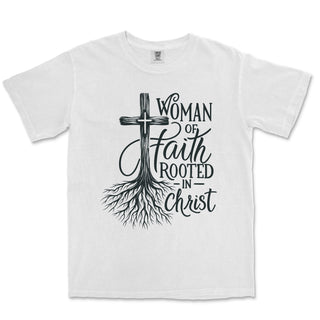 Rooted in Christ Faith Tee for Women Comfort Colors Heavyweight Tee - front view