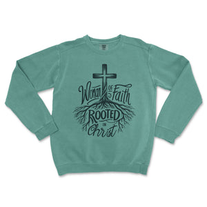 Woman of Faith Rooted in Christ Comfort Colors Premium Christian Crewneck - front view