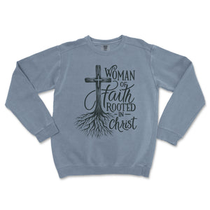 Rooted in Christ Woman of Faith Crewneck Premium Christian Crewneck - front view
