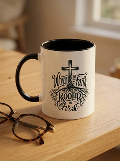 Woman of Faith Rooted in Christ Two-Tone Mug - Detail Lifestyle