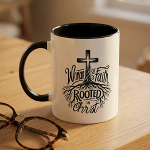 Woman of Faith Rooted in Christ Two-Tone Mug - Detail Lifestyle