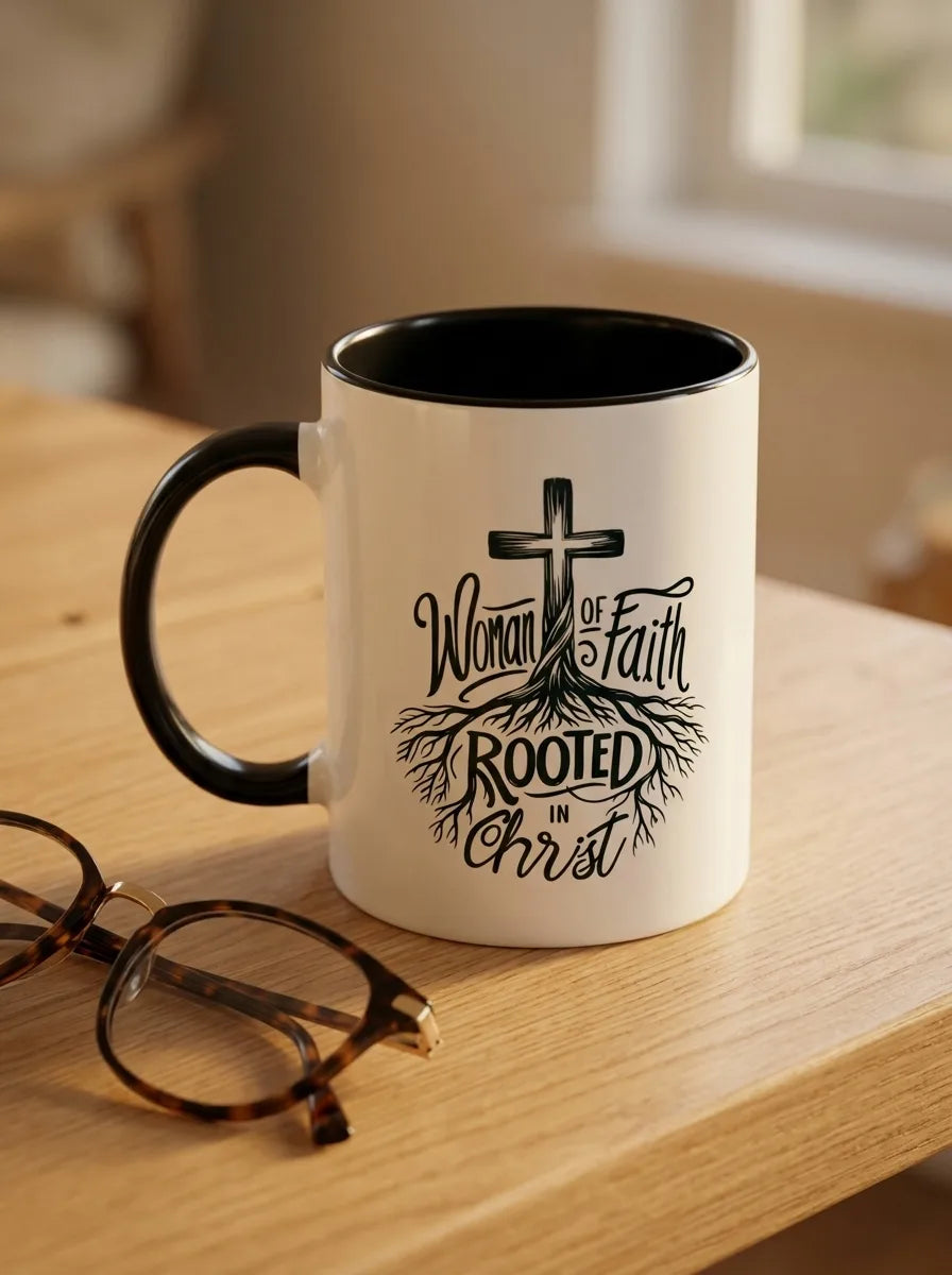 Woman of Faith Rooted in Christ Two-Tone Mug - Detail Lifestyle