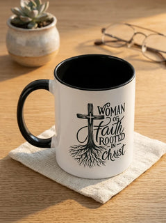 Rooted in Christ Woman of Faith Two-Tone Ceramic Mug - Detail Lifestyle