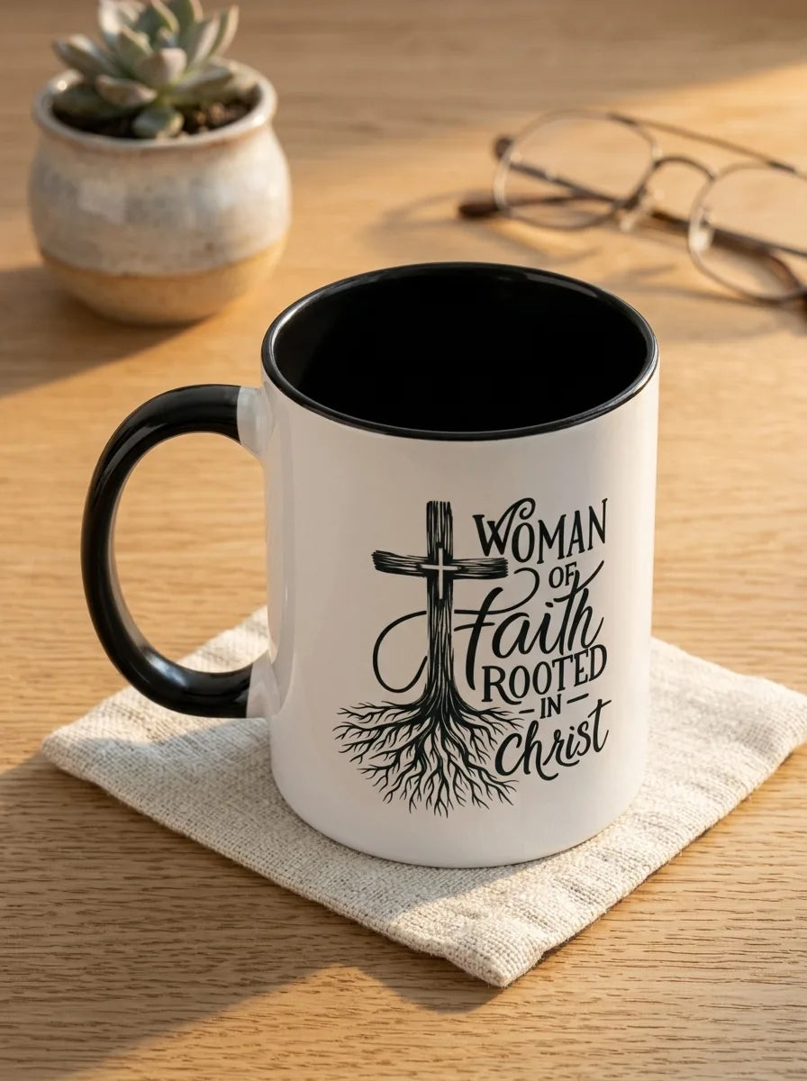 Rooted in Christ Woman of Faith Two-Tone Ceramic Mug - Detail Lifestyle
