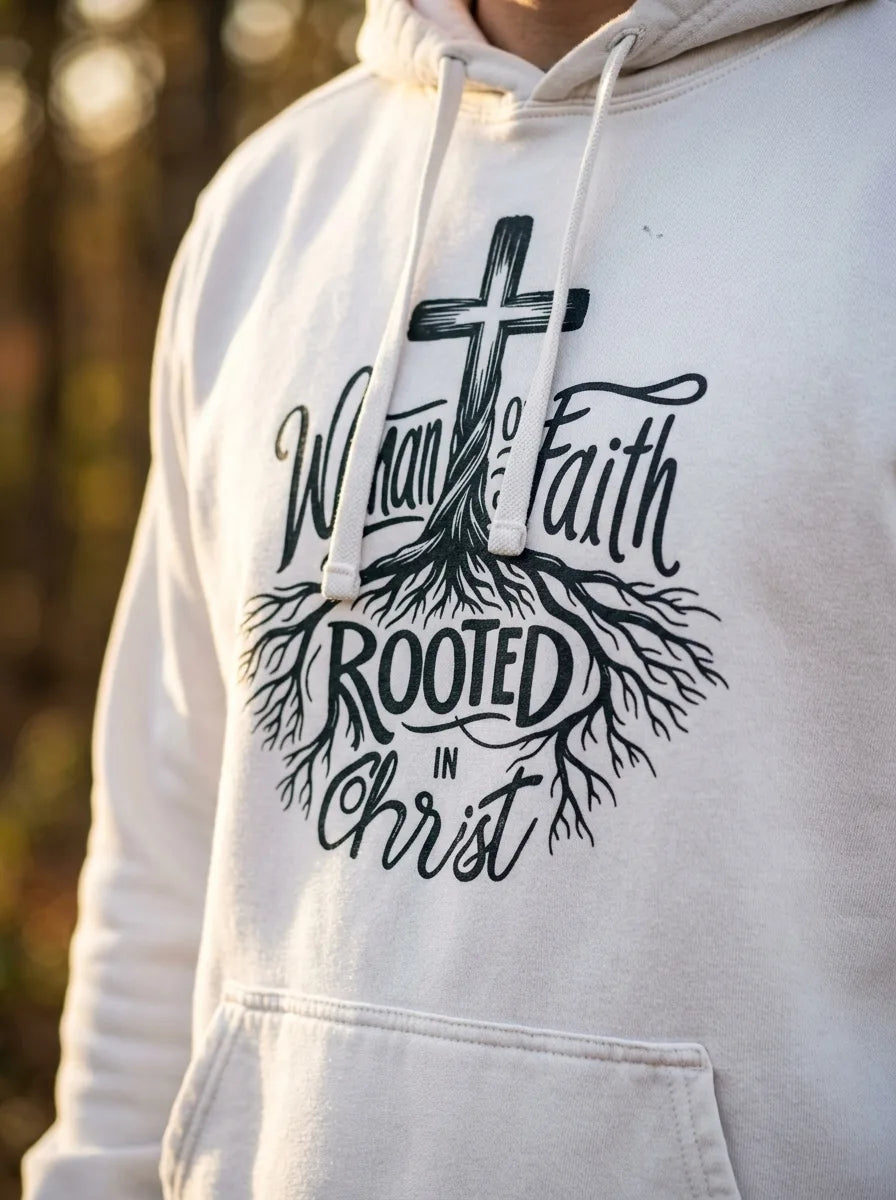 Rooted in Christ Woman of Faith Comfort Colors Hoodie - Detail Lifestyle