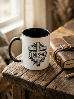 It Is Finished Cross & Thorns Two-Tone Christian Mug - Detail Lifestyle