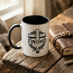 It Is Finished Cross & Thorns Two-Tone Christian Mug - Detail Lifestyle
