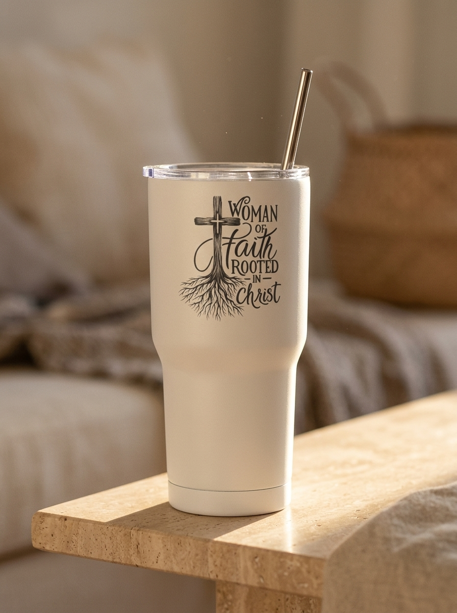 Woman of Faith Rooted in Christ 30oz Insulated 30oz Stainless Steel Tumbler - front view
