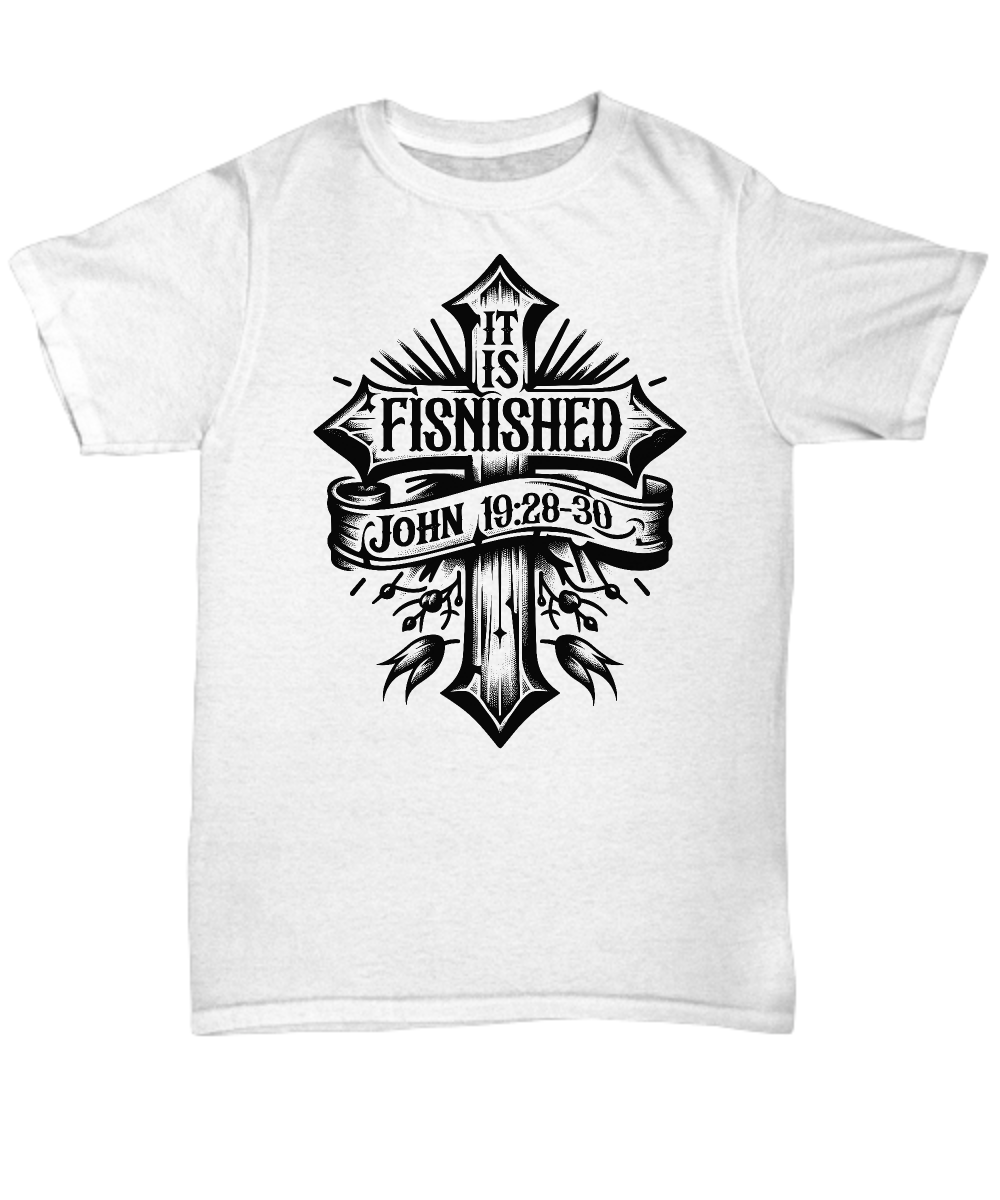 Christian Unisex Tee 'It Is Finished' - John 19:28-30 Bible Verse Shirt, Perfect Gift for Believers, Easter & Bible Study - Soft Cotton Blend