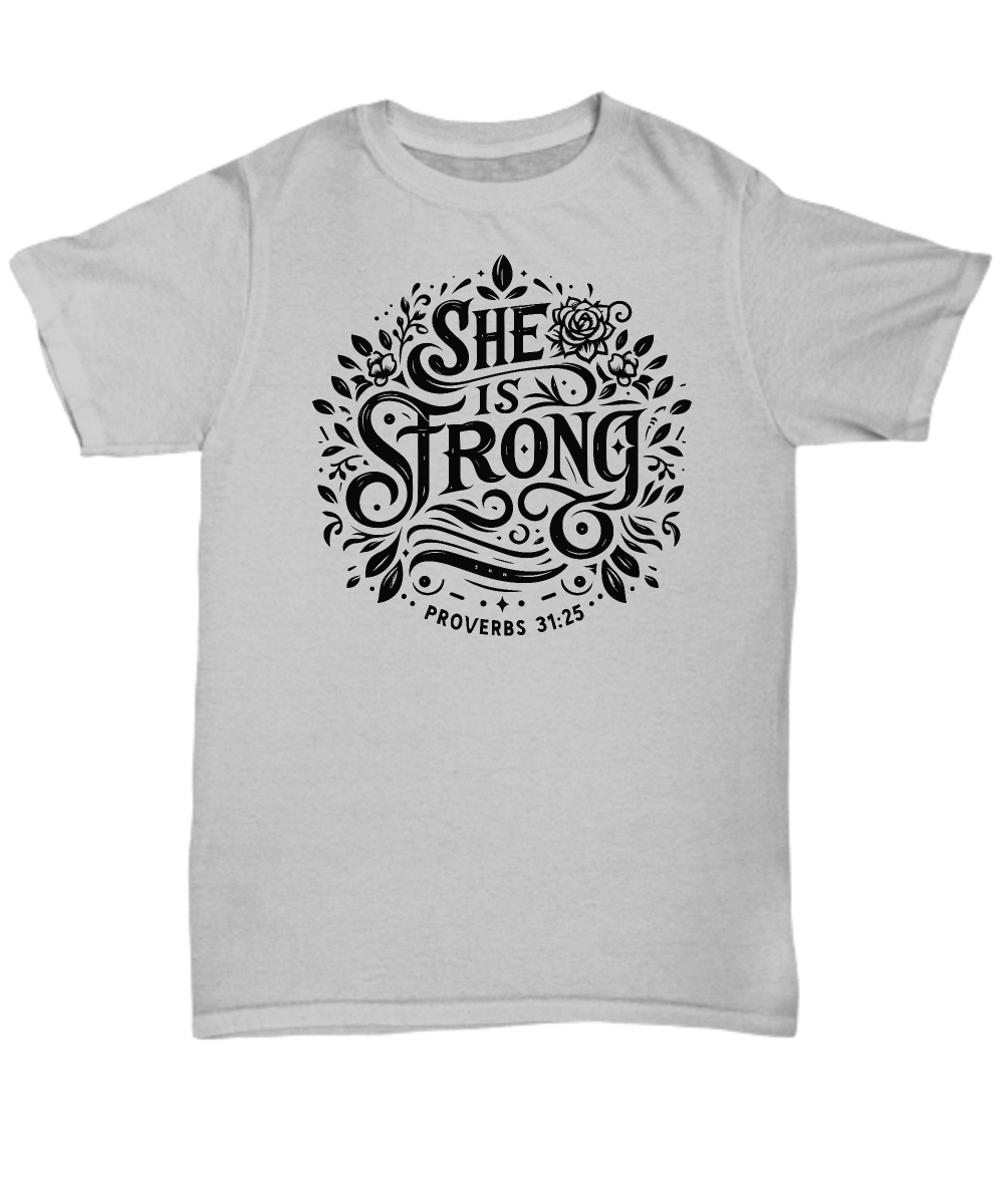 Christian Unisex Tee - 'She Is Strong Proverbs 31:25' - Inspirational Bible Verse Shirt, Perfect Gift for Moms and Believers, Comfortable All-Day Wear