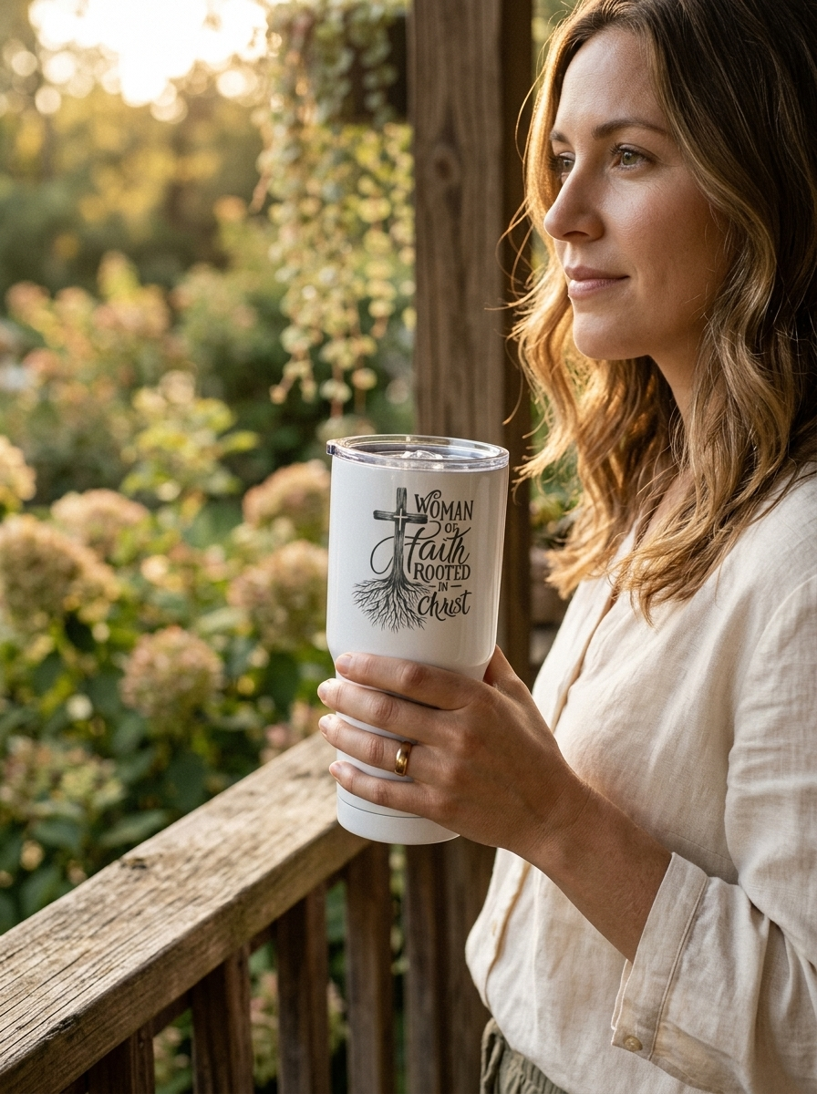 Woman of Faith Rooted in Christ 30oz Insulated 30oz Stainless Steel Tumbler - front view
