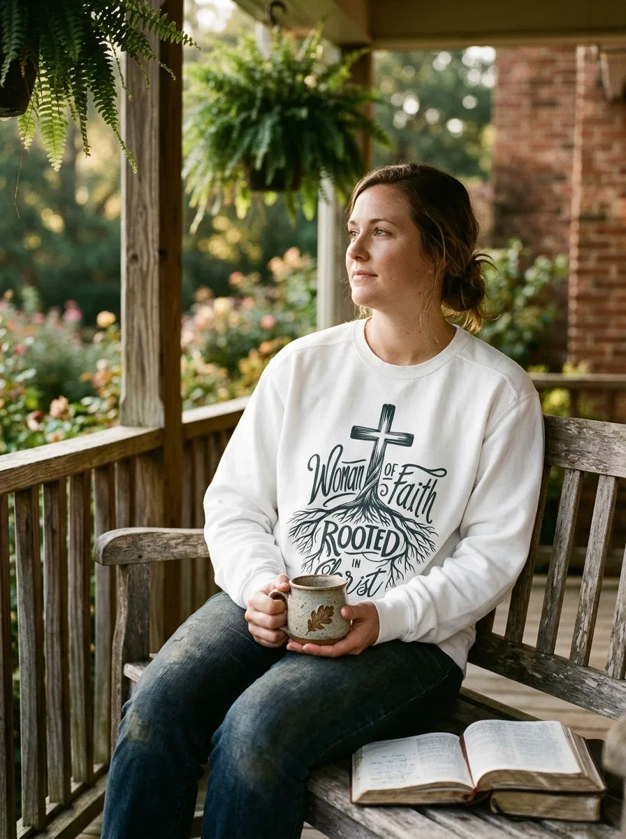 Woman of Faith Rooted in Christ Comfort Colors Sweatshirt - Vibe Lifestyle