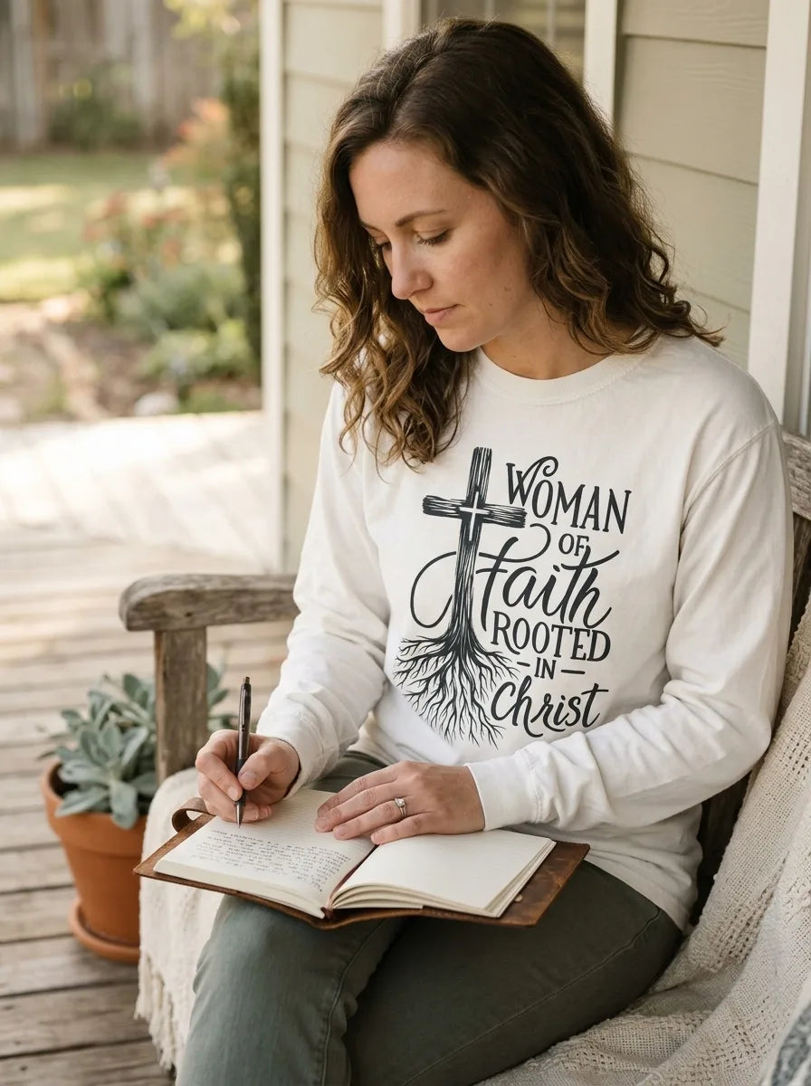 Woman of Faith Rooted in Christ Long Sleeve Tee - Vibe Lifestyle