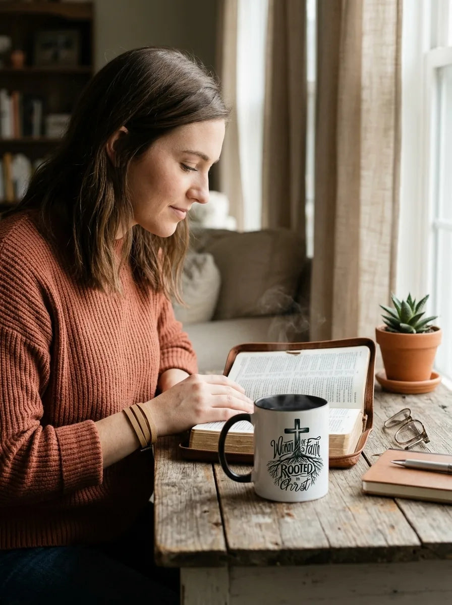 Woman of Faith Rooted in Christ Two-Tone Mug - Vibe Lifestyle
