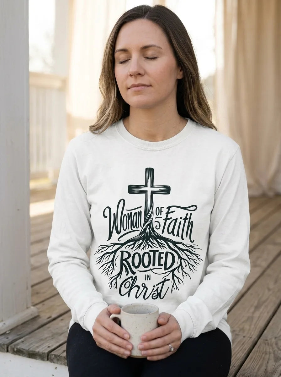 Woman of Faith Rooted in Christ Long Sleeve T-Shirt - Vibe Lifestyle